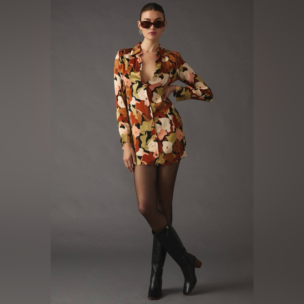 ๐(NWT) ASTR the Label Long-Sleeved Satin Floral Shirt Dress. XL - Picture 4 of 8